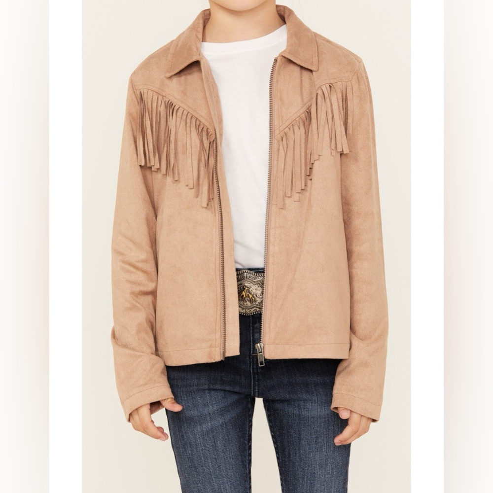 SHYANNE GIRLS Tan Faux Suede Fringe Western Cowgirl Jacket Rodeo Country Size L